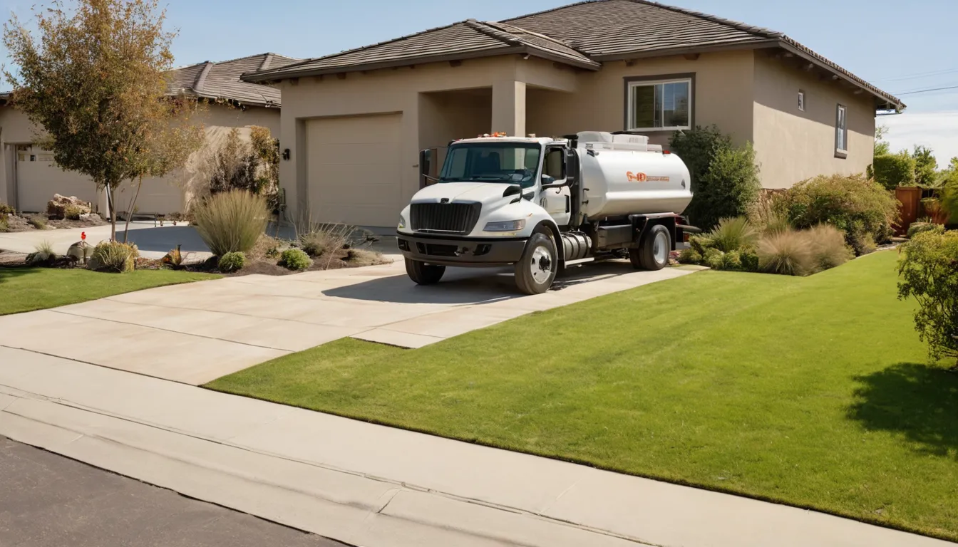 A septic pumping truck parked beside a stucco ranch home in the Perris area during a dry, sunny day