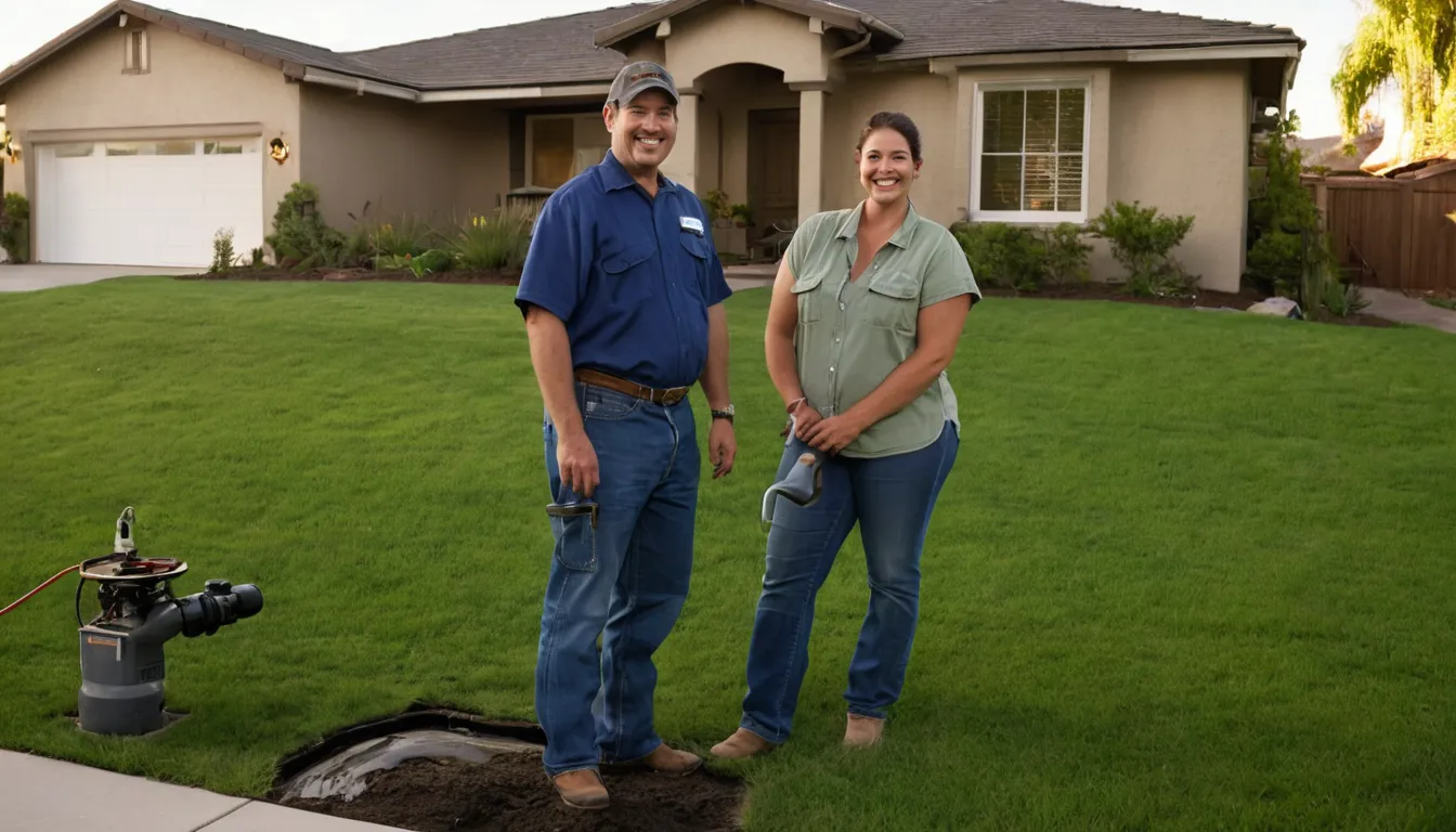 Friendly provider and a homeowner reviewing a sewer line repair plan beside a stucco home in Perris
